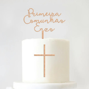 Topo de Bolo MDF Madeira Personalizado Primeira + Nome + Cruz