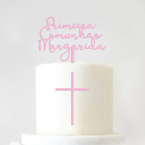 Topo de Bolo MDF Colorido Personalizado Primeira + Nome + Cruz