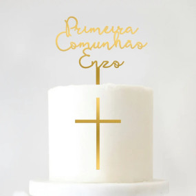 Topo de Bolo Acrílico Espelhado Personalizado Primeira + Nome + Cruz