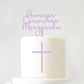 Topo de Bolo Acrílico Pastel Personalizado Primeira + Nome + Cruz